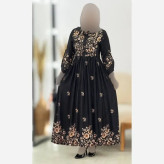 پیراهن زنانه بوگاتی زنبق فری سایز 38 تا 46 گل طلایی و گل صورتی