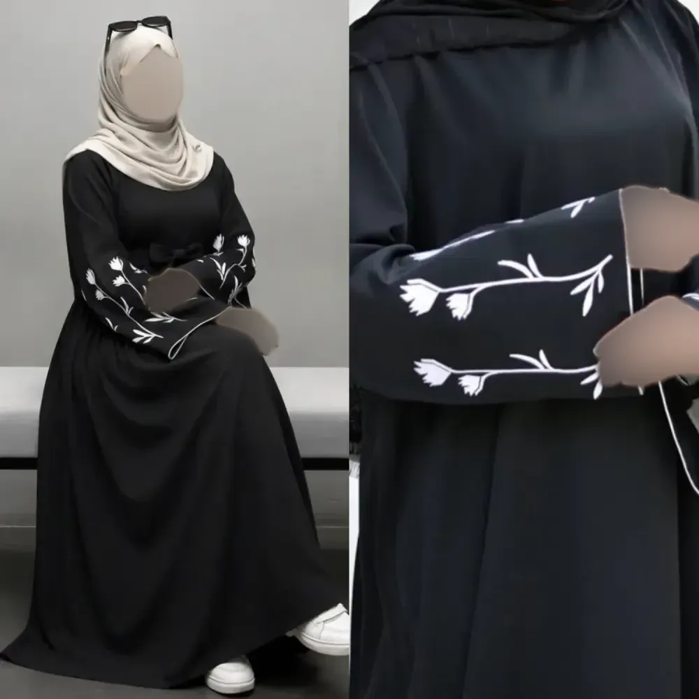 پیراهن عبایی گلدوزی شده گل لاله جنس الیزه مشکی فری سایز