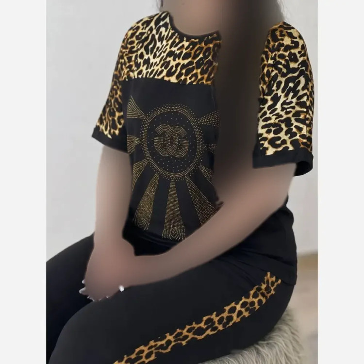 ست تیشرت و شلوار ویسکوز الیزه فول کش طرح نگین D&G فری سایز