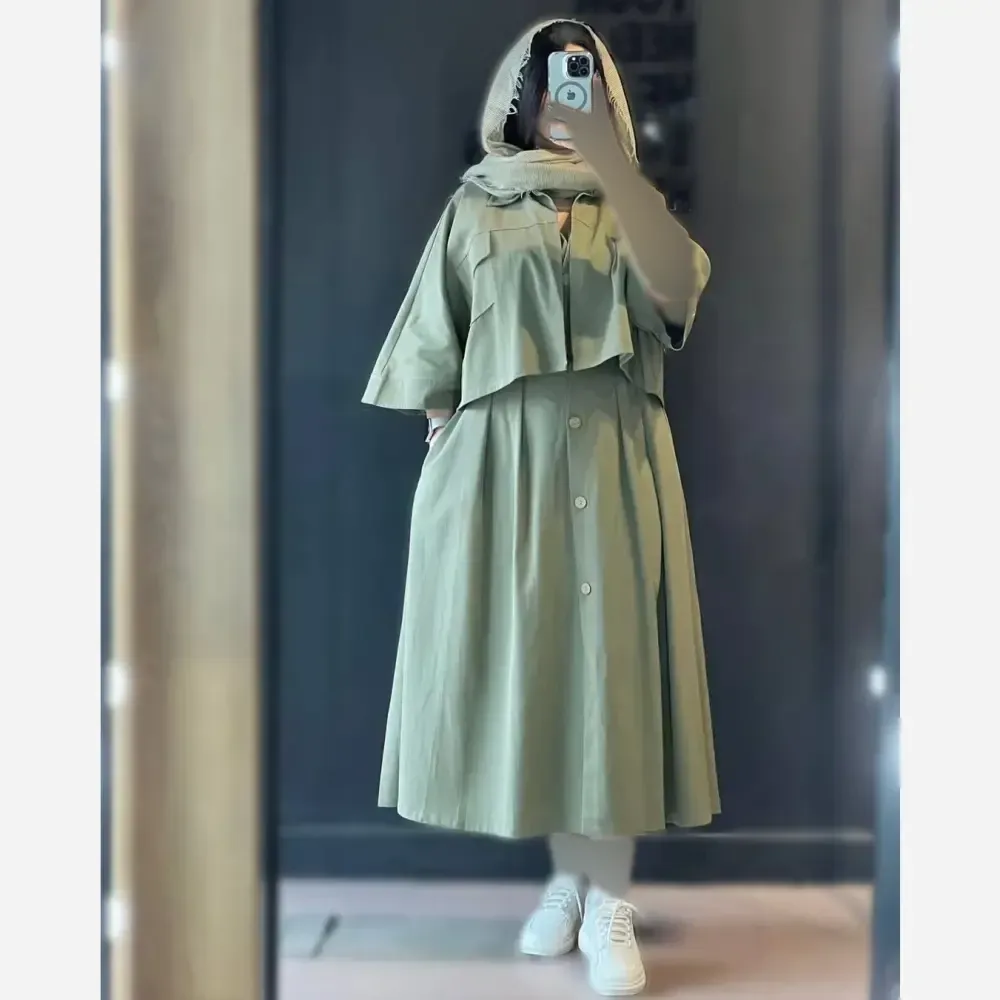 ست کت و سارافون لینن مدل هلند نسکافه ای و سبز سایز یک و دو