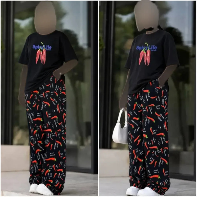ست تیشرت نخ پنبه و شلوار بوگاتی مدل pepper رنگ مشکی و سفید سایز فری 38 تا 48