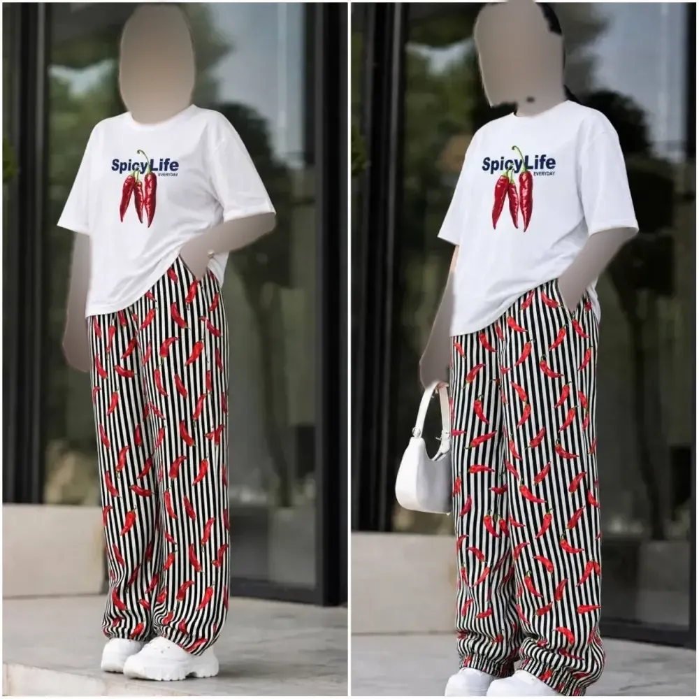 ست تیشرت نخ پنبه و شلوار بوگاتی مدل pepper رنگ مشکی و سفید سایز فری 38 تا 48