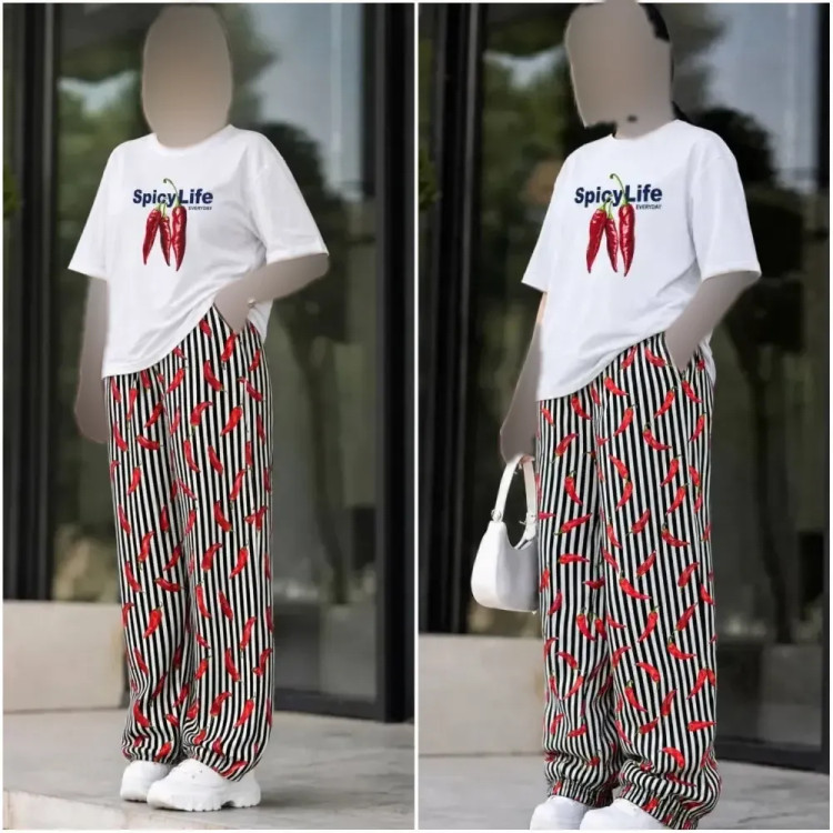 ست تیشرت نخ پنبه و شلوار بوگاتی مدل pepper رنگ مشکی و سفید سایز فری 38 تا 48