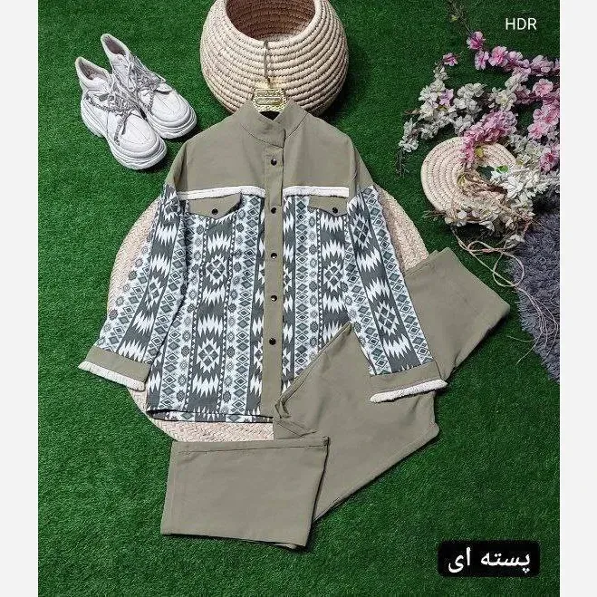 ست کت و شلوار زنانه کتان کشی آستردار رنگ پسته ای فری سایز