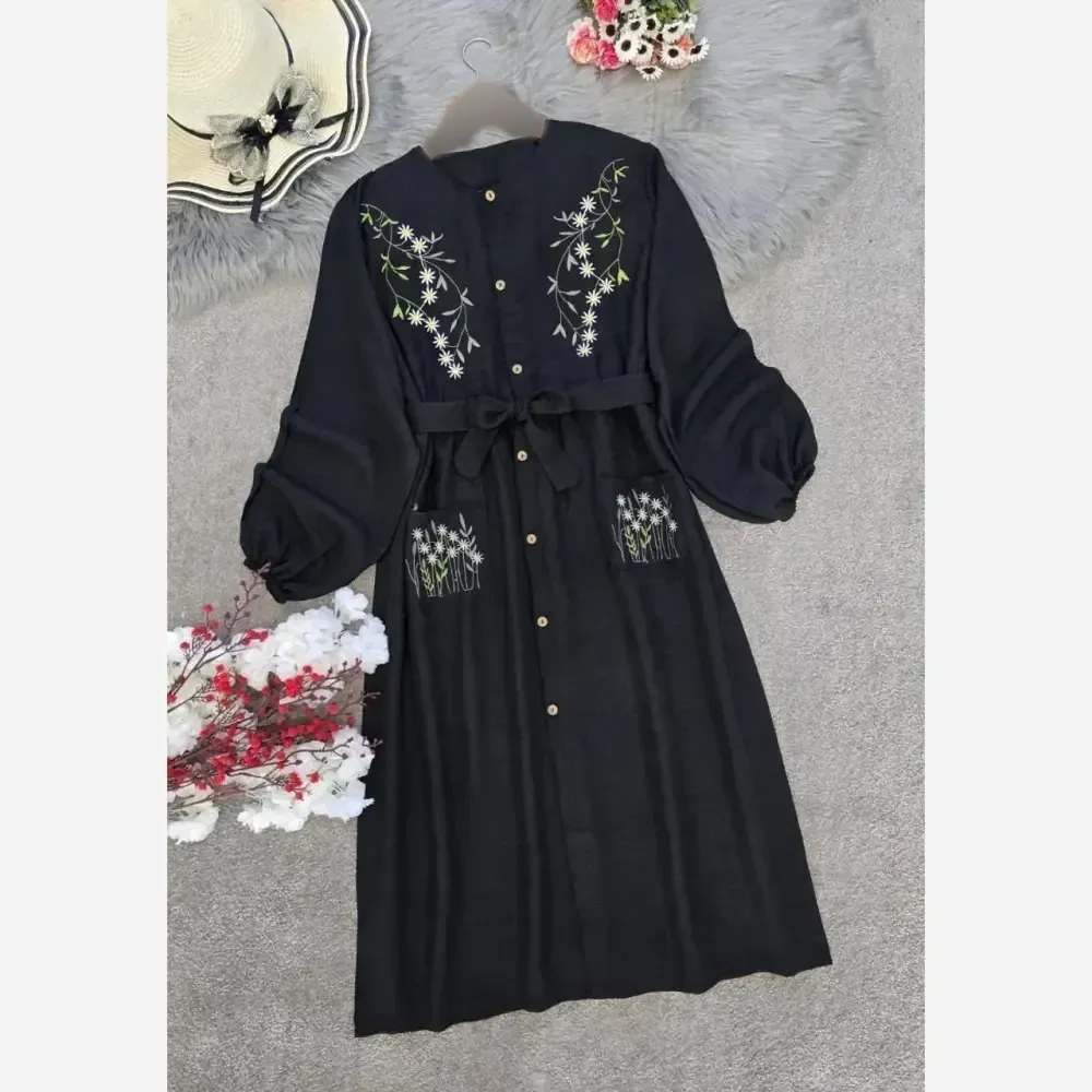 مانتو گلدوزی نهال جنس شانتون فری سایز کمربند دار