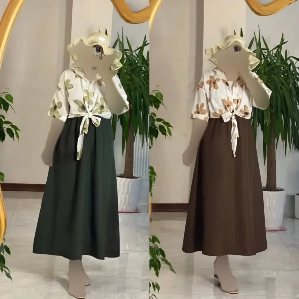 ست شومیز گره ای و دامن لنینت فری سایز زنانه خنک تابستانه