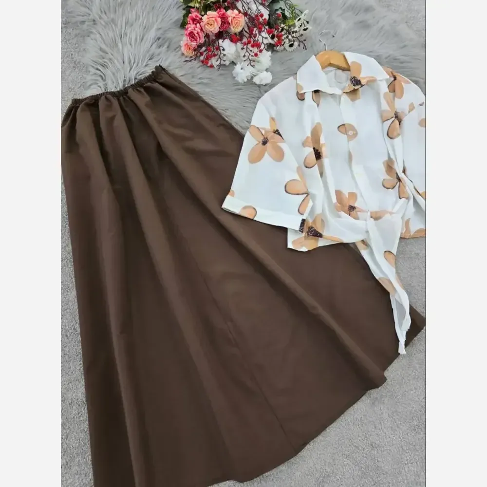 ست شومیز گره ای و دامن لنینت فری سایز زنانه خنک تابستانه