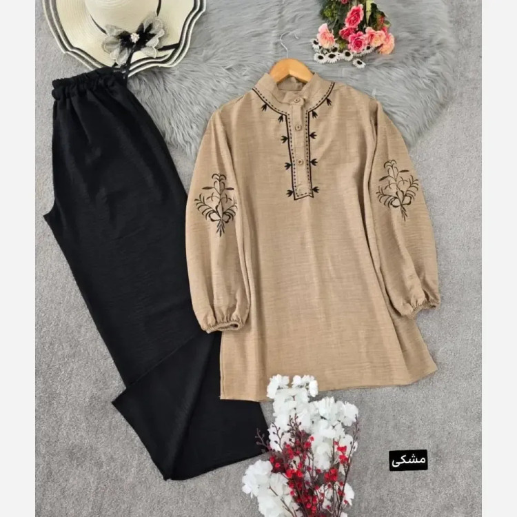 تونیک شلوار گندم شانتون مشکی فری سایز گلدوزی شده