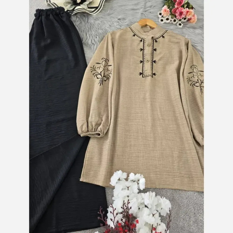 تونیک شلوار گندم شانتون مشکی فری سایز گلدوزی شده