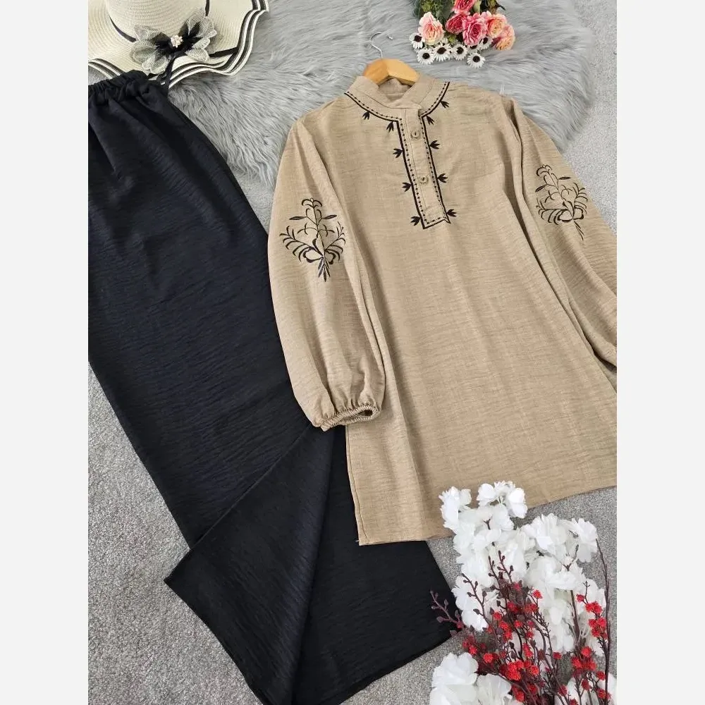 تونیک شلوار گندم شانتون مشکی فری سایز گلدوزی شده