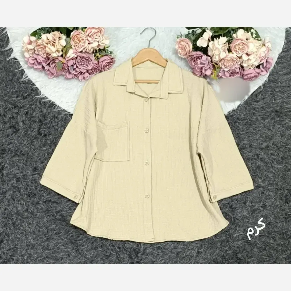 شومیز باکسی ینزه پفکی درجه یک رنگ کرم سایز فری سایز 38 تا 48