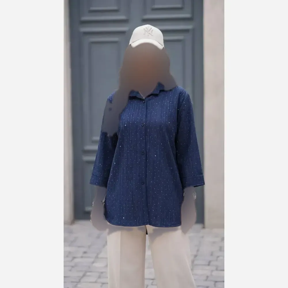 شومیز مانتویی سوپر کراش نگین دار رنگ استخونی فری سایز