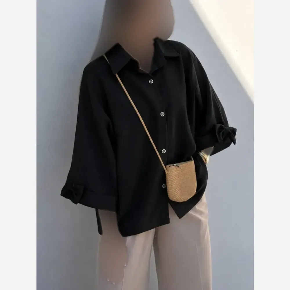 شومیز باکسی لینن درجه یک رنگ مشکی فری سایز