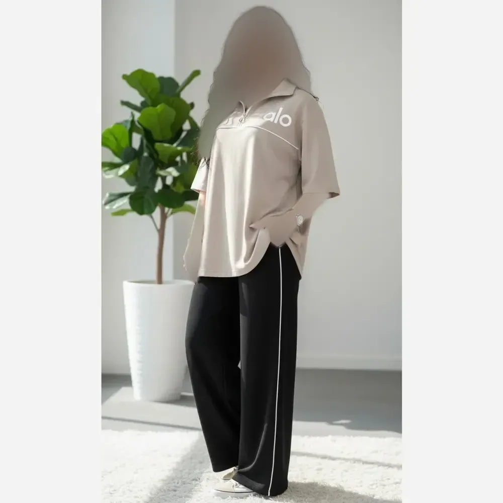 ست تیشرت و شلوار بگ زنانه گلکسی نخ پنبه کرم رنگ سایز فری تا 48