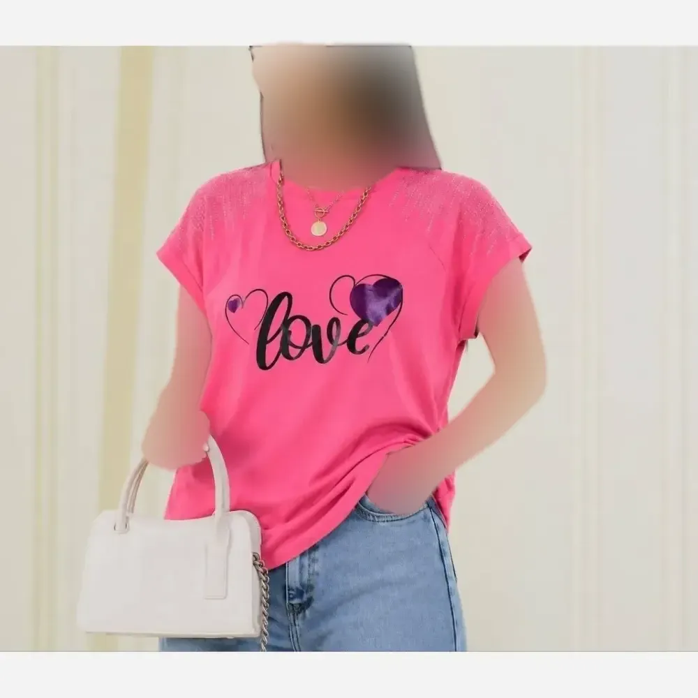 تیشرت باکسی نگینی طرح LOVE صورتی فری سایز تا 44 نخ پنبه