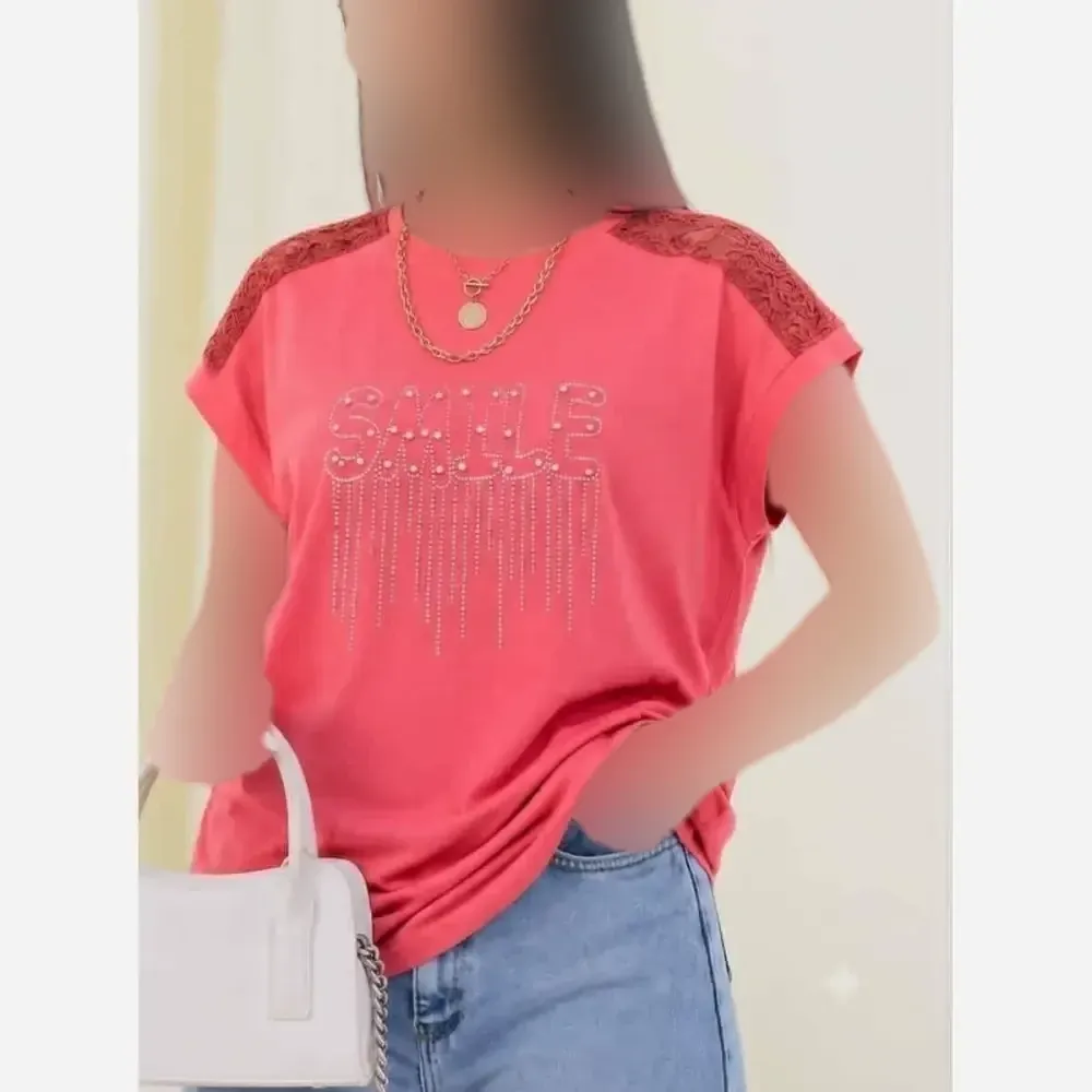 شومیز باکسی نگینی SMILE نخ پنبه اعلا رنگ صورتی فری سایز