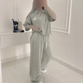 ست تیشرت شلوار نخ پنبه گلگسی سبزسدری فری سایز