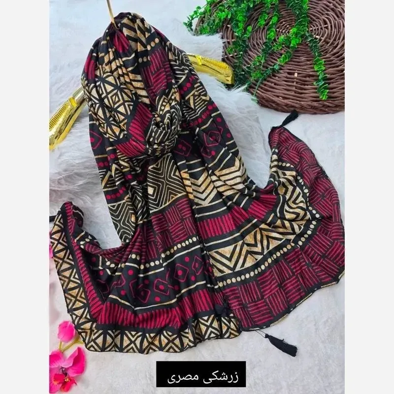 شال مصری نخ سانسفور ابعاد 182*70 فری سایز رنگبندی سرمه، زرشکی، کرم نارنجی، طوسی نارنجی