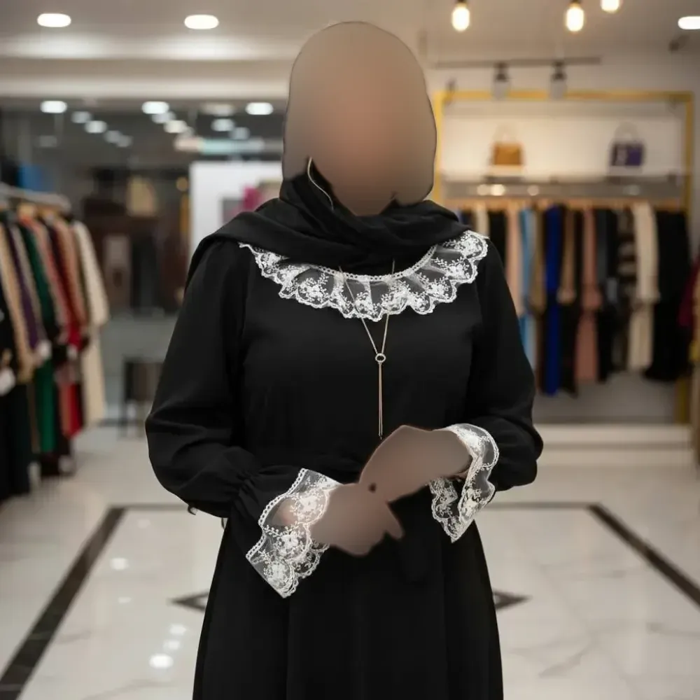 پیراهن عبایی محبوبه الیزه گیپور مشکی سفید مشکی فری سایز قد 130