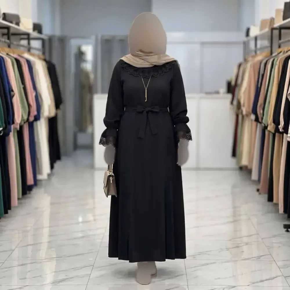 پیراهن عبایی محبوبه الیزه گیپور مشکی سفید مشکی فری سایز قد 130
