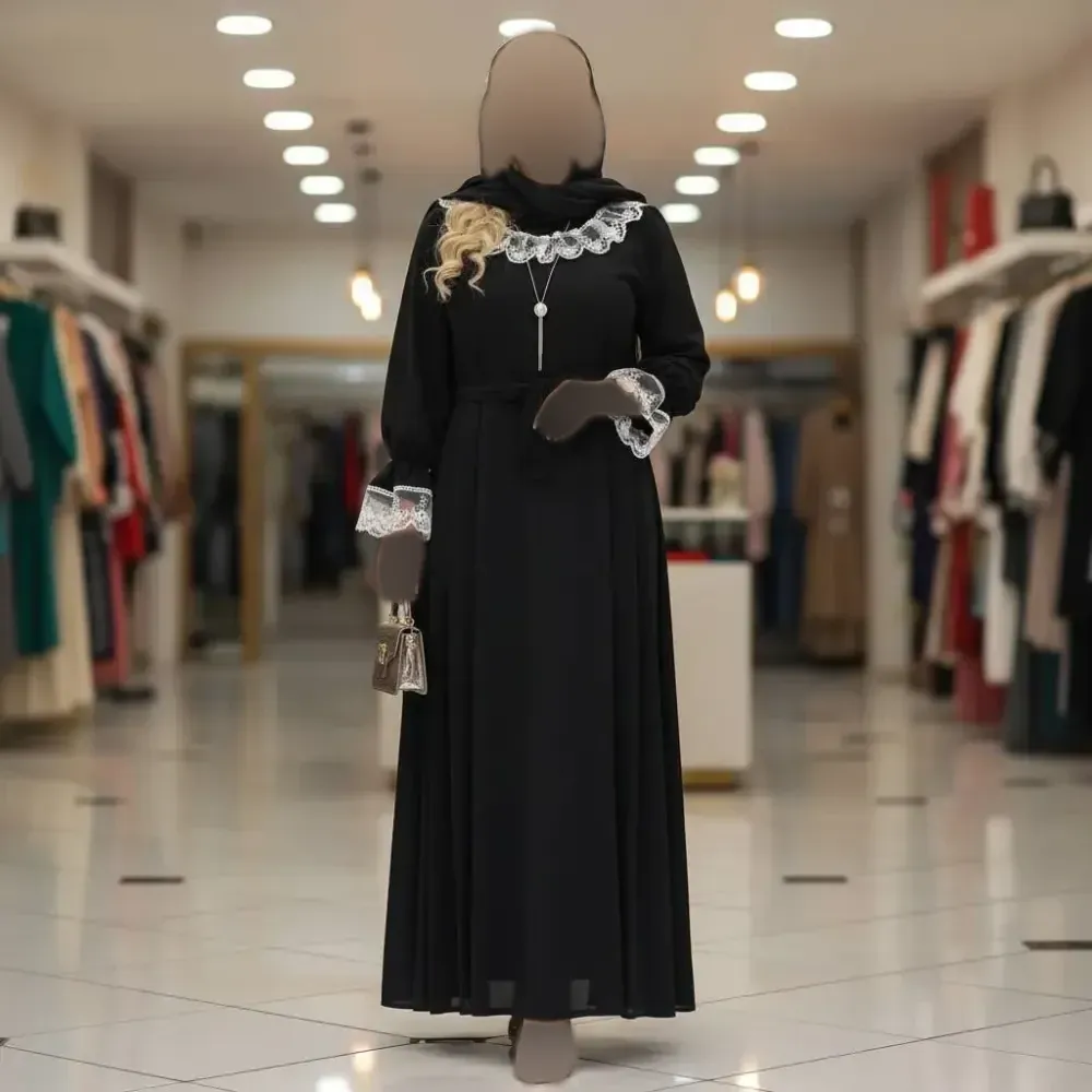 پیراهن عبایی محبوبه الیزه گیپور مشکی سفید مشکی فری سایز قد 130