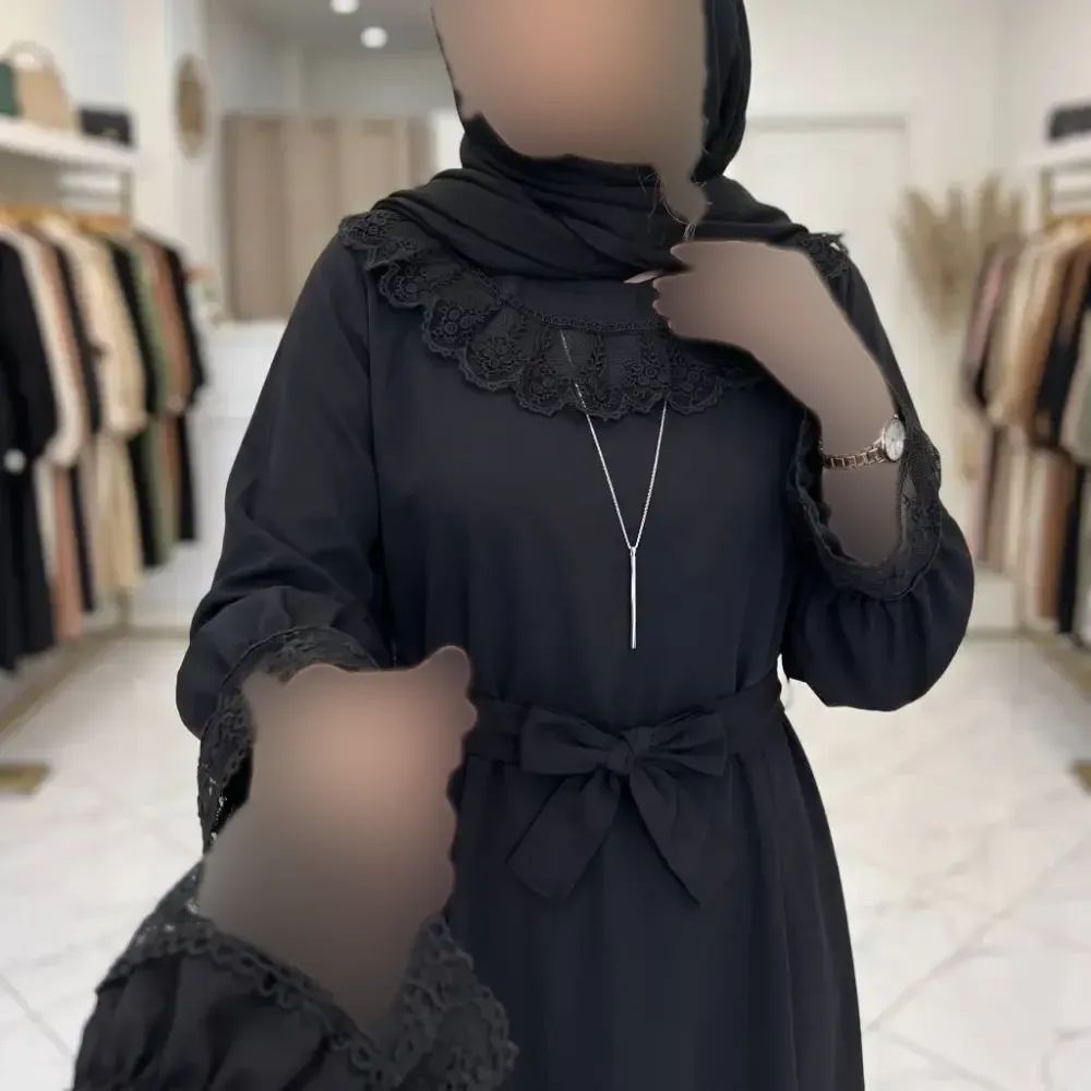 پیراهن عبایی محبوبه الیزه گیپور مشکی سفید مشکی فری سایز قد 130