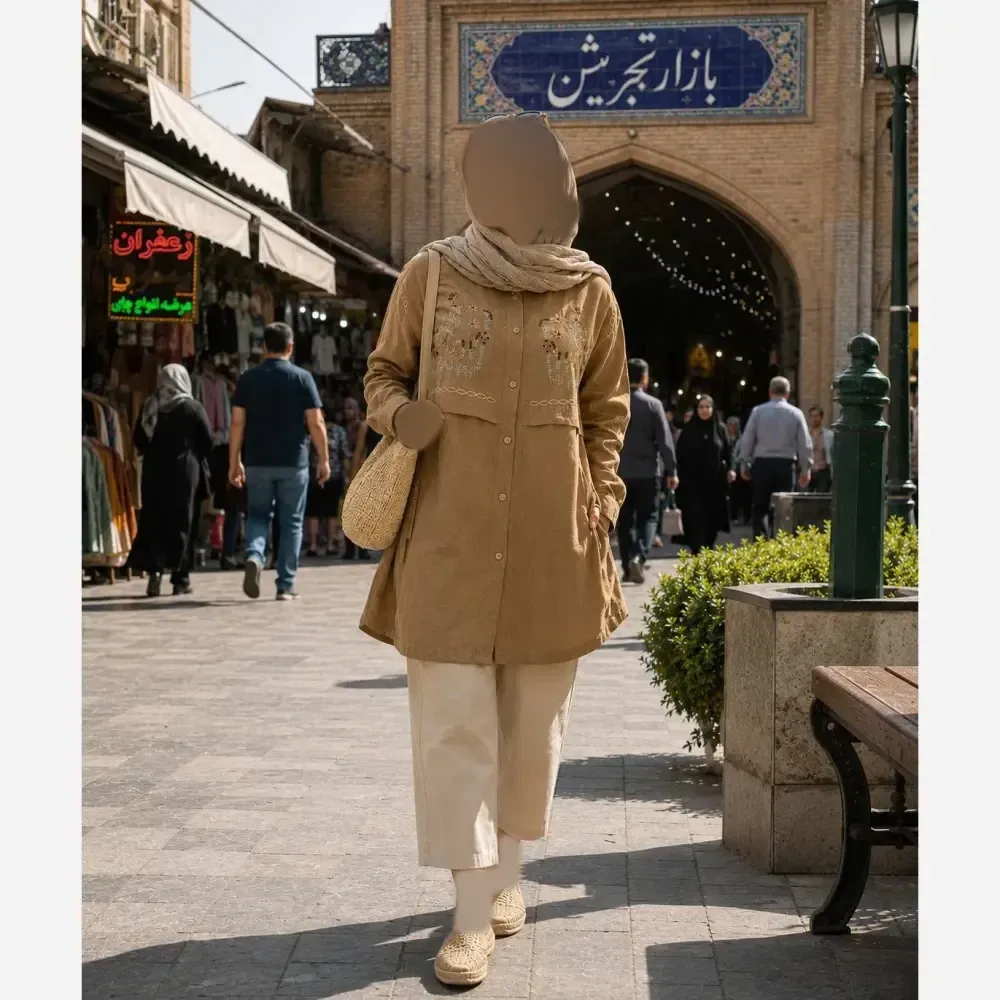 شومیز مانتویی حوری طرح جلیقه جگوار کنفی اعلا وارداتی فری سایز تا 48 گلدوزی شده