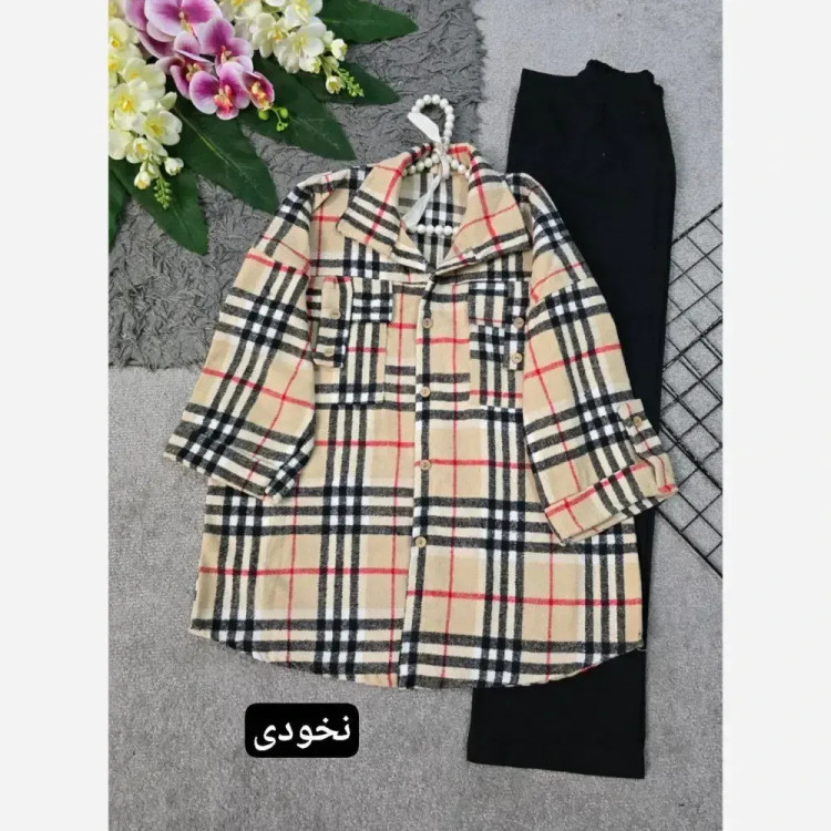 مانتو یسرا چهارخونه موهر دار پارچه خارجی فری سایز کرم نسکافه ای