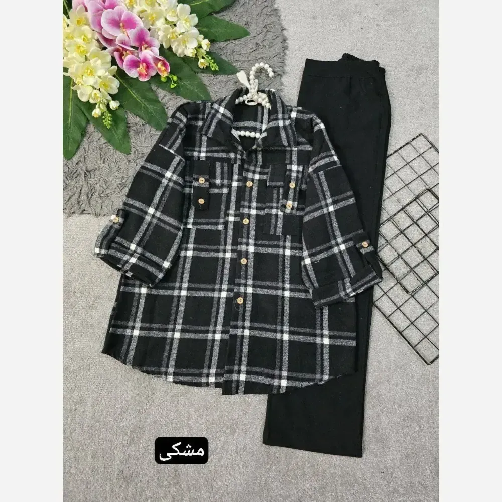 مانتو یسرا چهارخونه موهر دار پارچه خارجی فری سایز کرم نسکافه ای