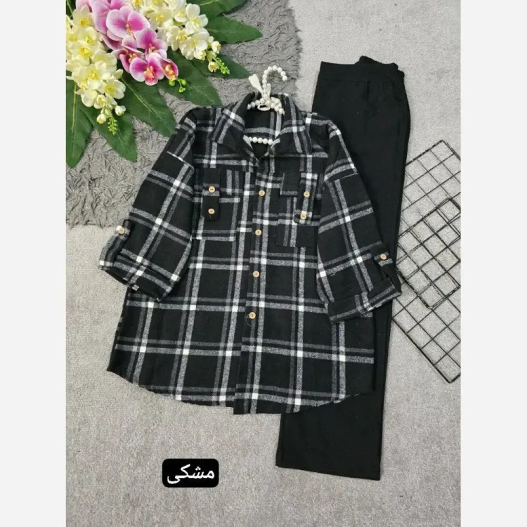 مانتو یسرا چهارخونه موهر دار پارچه خارجی فری سایز کرم نسکافه ای
