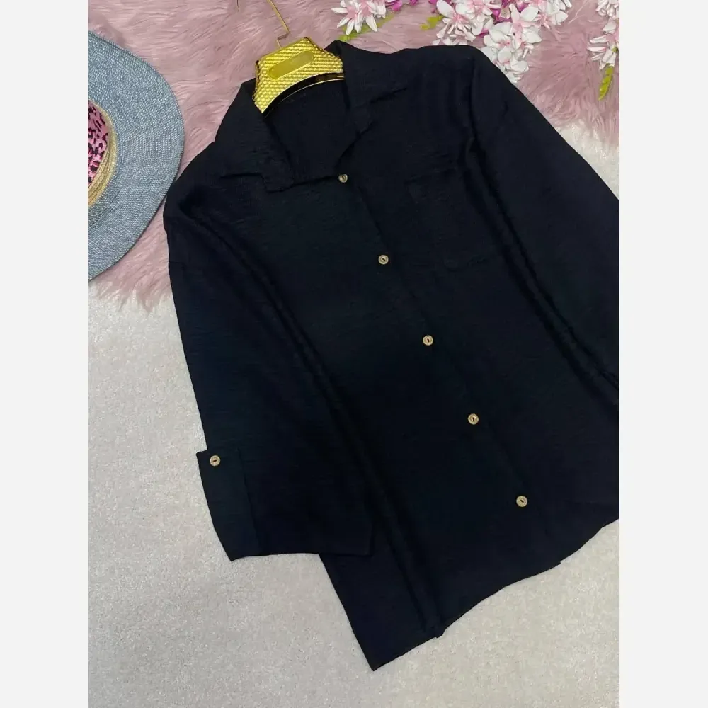 شومیز تک جیب بارانا مشکی فری سایز 38 تا 46 جنس صوفیا
