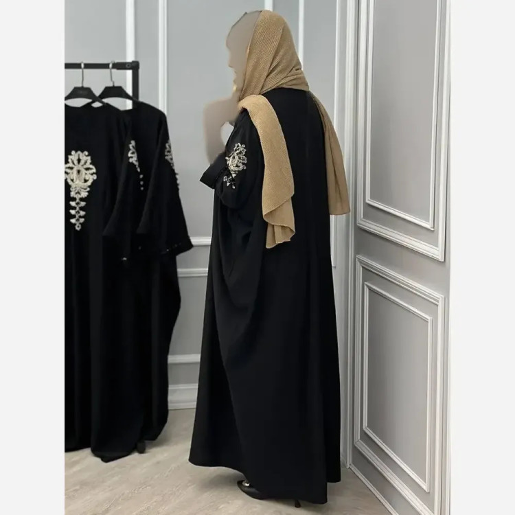 عبایی همدم الیزه مشکی فری سایز 38 تا 50 قد 120 بند تنظیم سایز