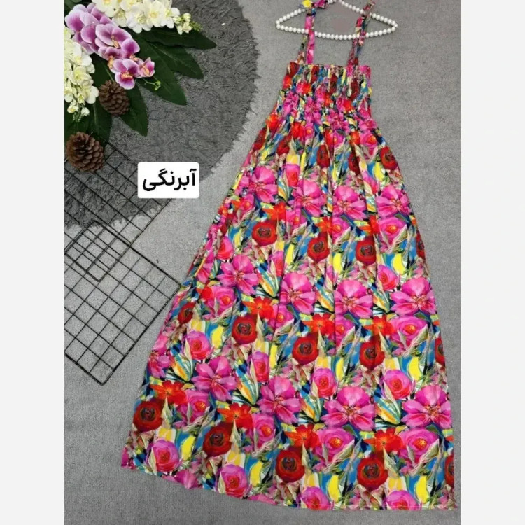 پیراهن اطلس زنانه نخی کش دوزی شده فری سایز 38 تا 46 قد 130 سانت
