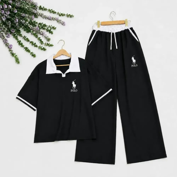 ست تیشرت و شلوار polo جنس مازراتی نخ توئیست درجه یک رنگ بندی سورمه ای مشکی سایز 38 تا 46