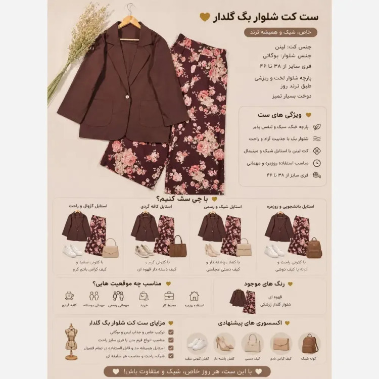 ست کت شلوار بگ گلدار لینن و بوگاتی فری سایز زنانه