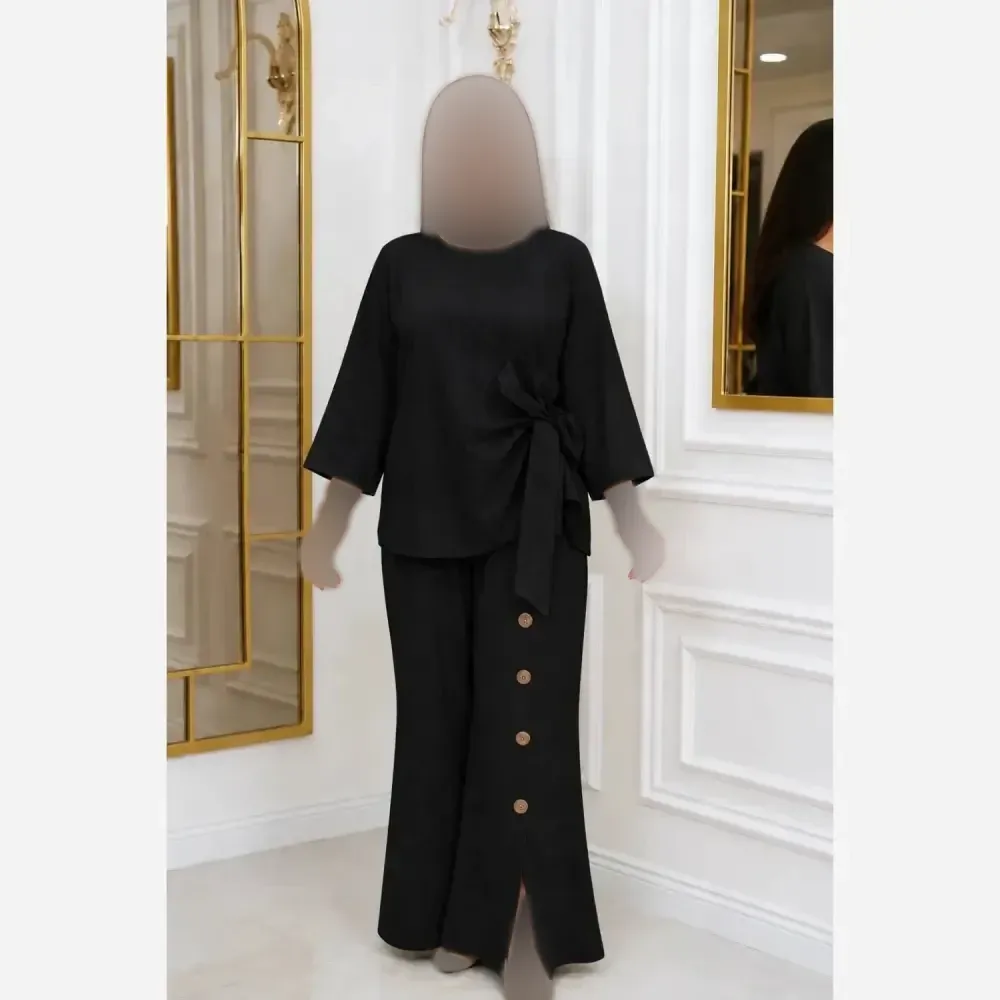 مانتو شلوار سودابه زنانه طرح ینزی خنک تابستانی سایز فری تا 48