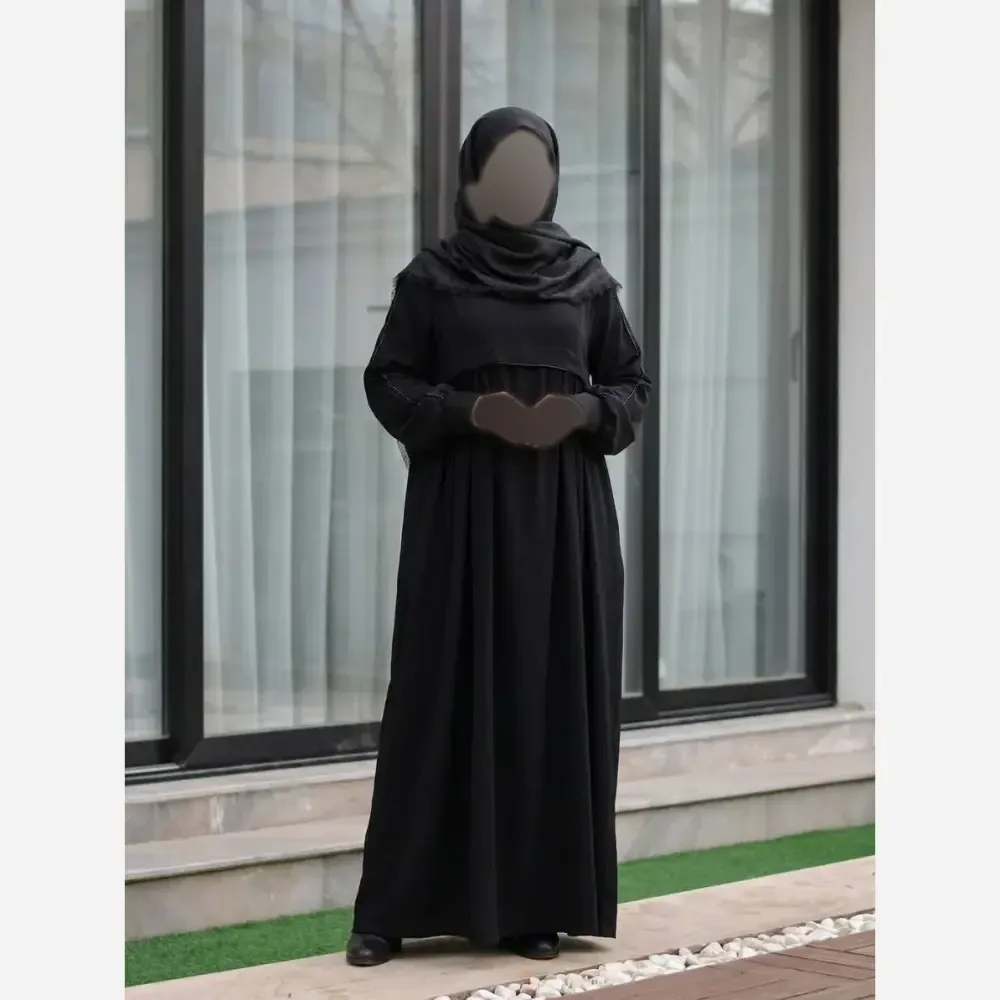 مانتو عبایی جیب دار مدل نفیسه کرپ ندا اماراتی مشکی سرمه ای سایز بندی کامل