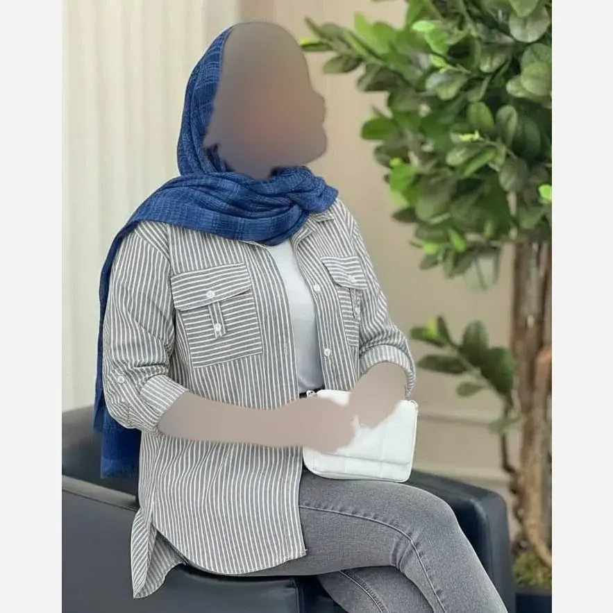 پیراهن نخی راه راه جیب صلیبی زنانه فری سایز طوسی آبی قد 70 سانت