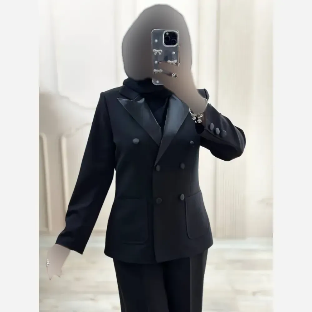 کت شلوار ساتن زنانه مدل سایدا مشکی سایز 38 تا 50 جنس سوپر مازراتی اعلا