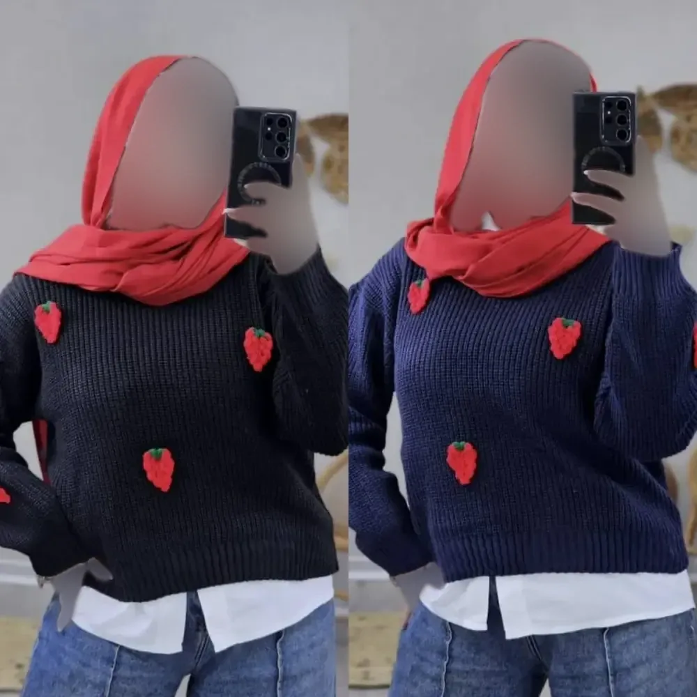 بافت توت فرنگی زنانه فری سایز لطیف و با کیفیت در رنگ های نسکافه ای، سورمه ای و طوسی