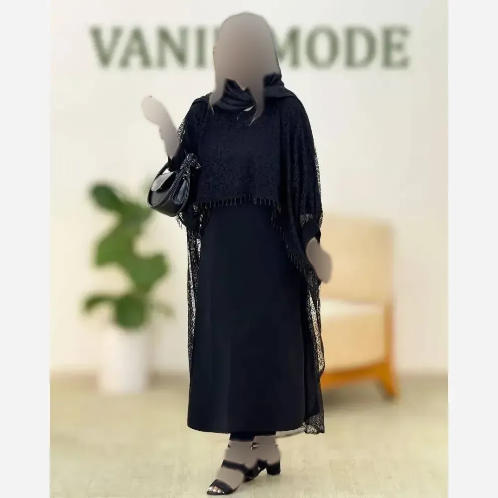 ست دانتل سرمه مشکی کرپ بوگاتی گیپور سایز فری 38 تا 46