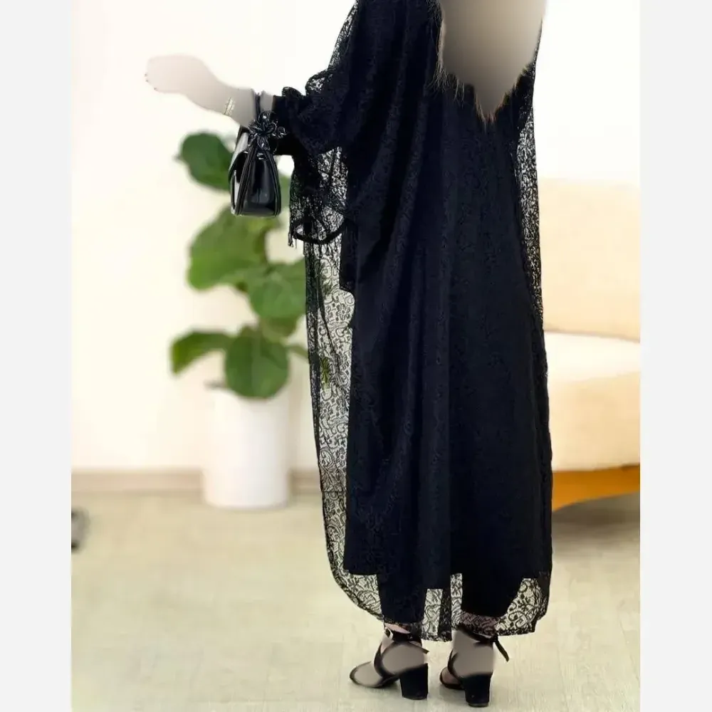 ست دانتل سرمه مشکی کرپ بوگاتی گیپور سایز فری 38 تا 46