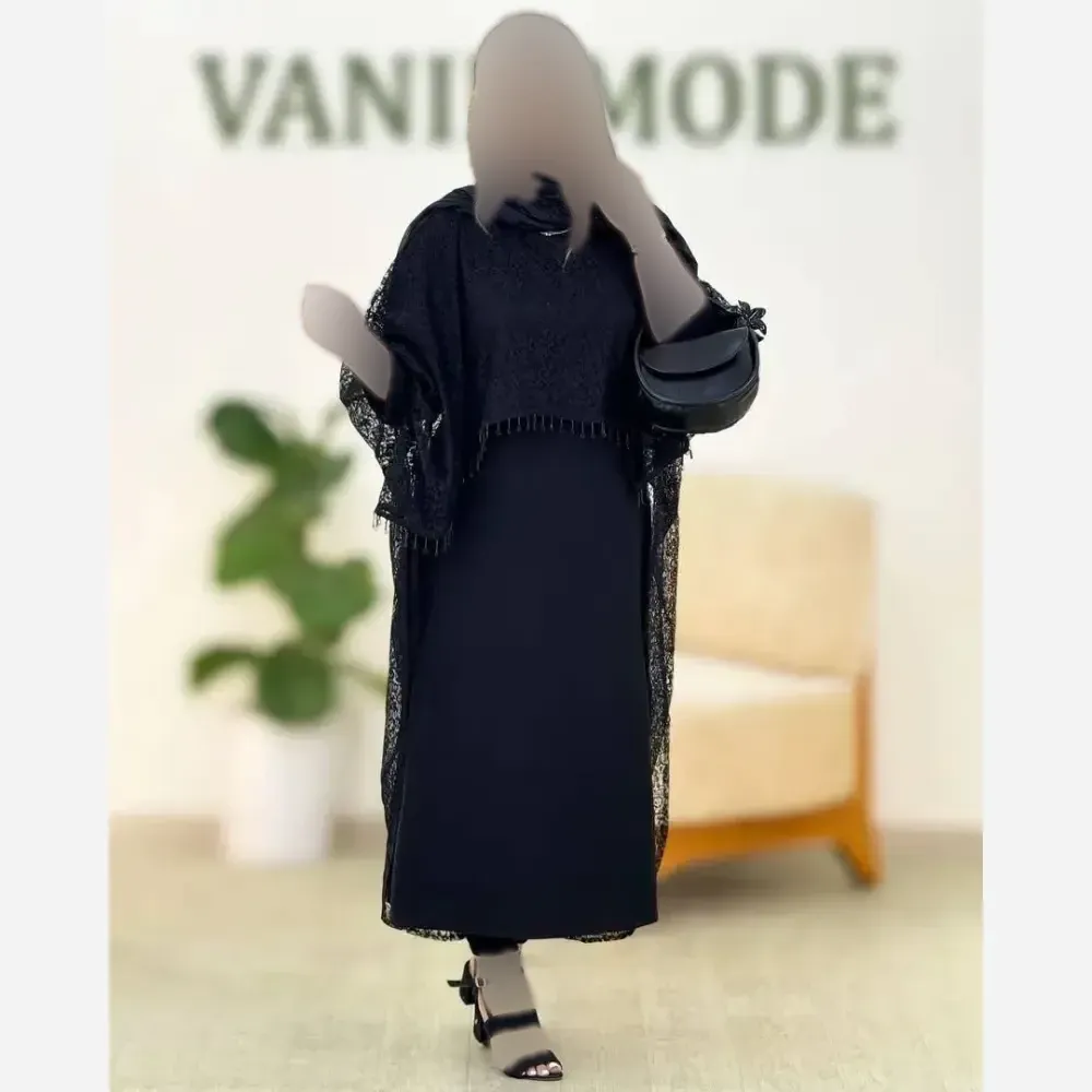 ست دانتل سرمه مشکی کرپ بوگاتی گیپور سایز فری 38 تا 46