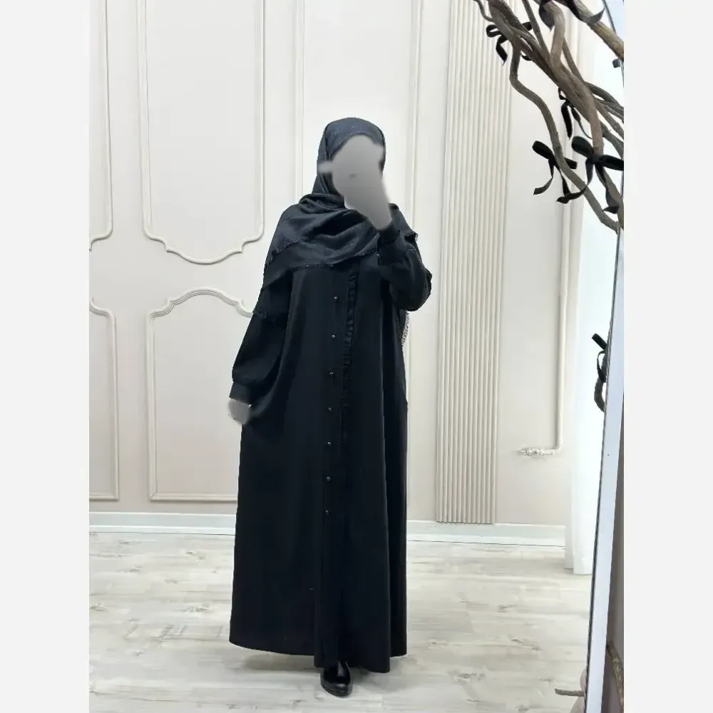 مانتو عبایی جیب دار مدل آفاق کرپ ندا اماراتی مشکی سایز 38 تا 54