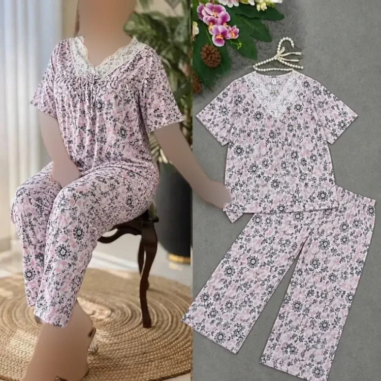ست تیشرت و شلوار وارداتی گیاهی فری سایز رنگ میخک