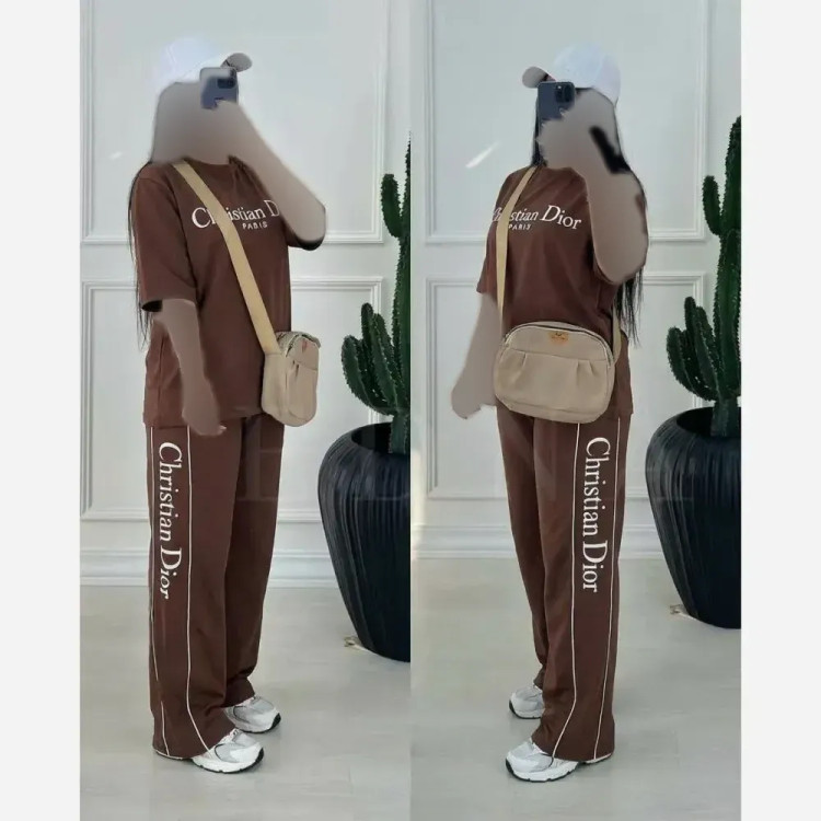 ست تیشرت و شلوار زنانه کریستین دیور پنبه گلکسی فری سایز