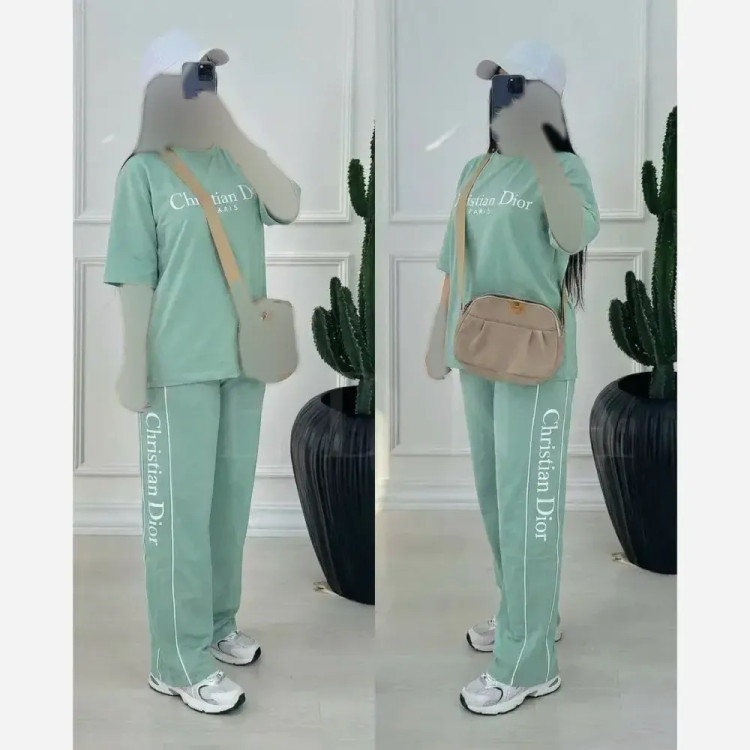 ست تیشرت و شلوار زنانه کریستین دیور پنبه گلکسی فری سایز