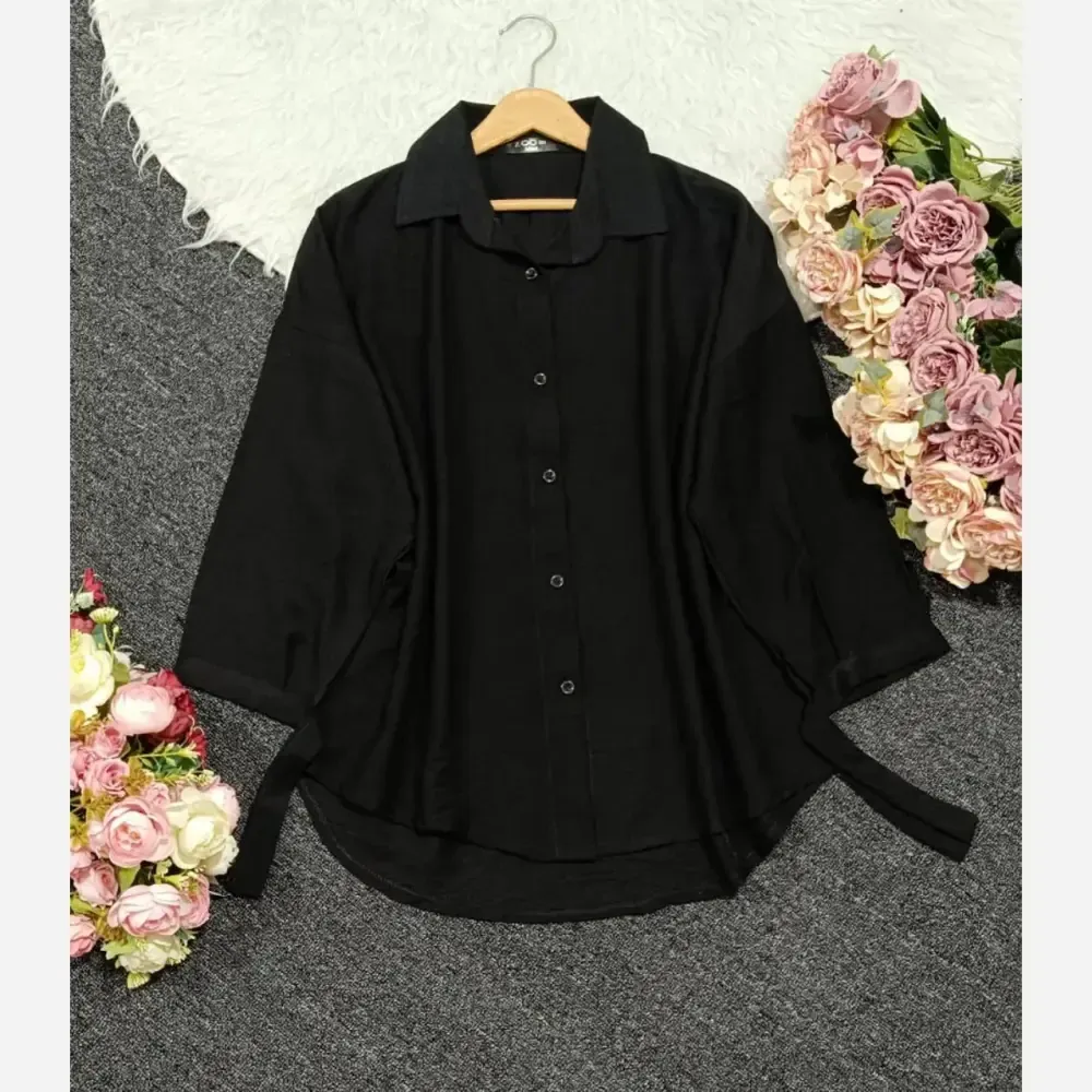 شومیز مانتویی مشکی جنس کرسپو درجه یک مچ گره ای سایز فری سایز 38 تا 48