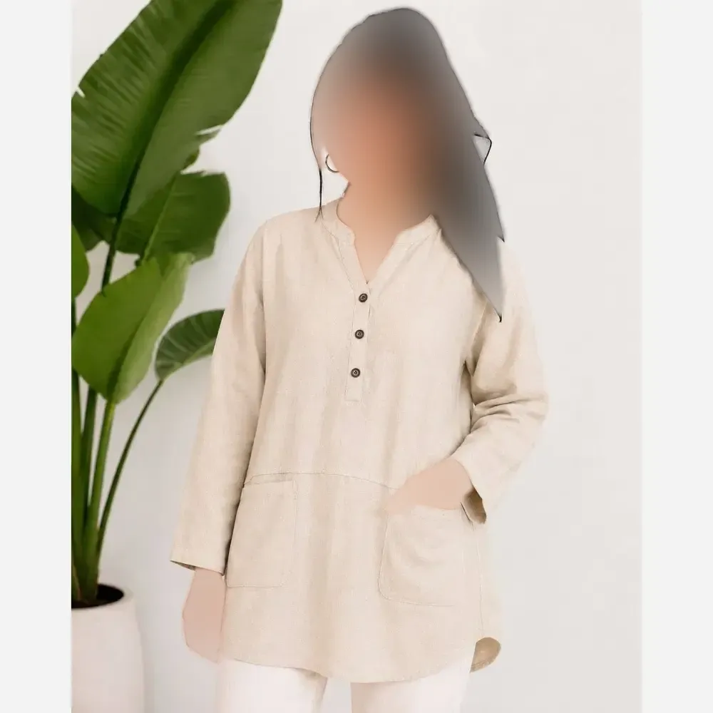 تونیک جلو بسته لنین روژین رنگ کرم سرخابی سفید فری سایز
