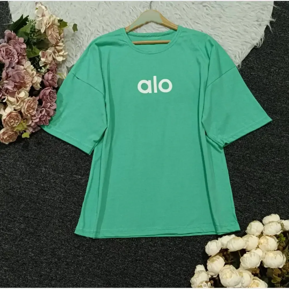 تیشرت لانگ زنانه نخ پنبه درجه یک طرح alo رنگ سبز خردلی گلبهی سایز فری سایز